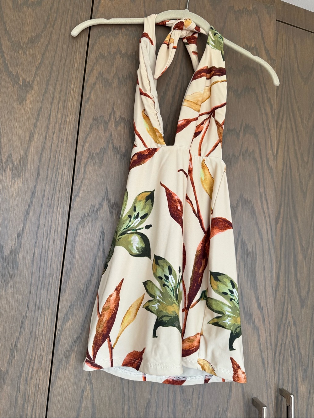 MONTCE Cream Halter Top with Green and Rust Leaf Print